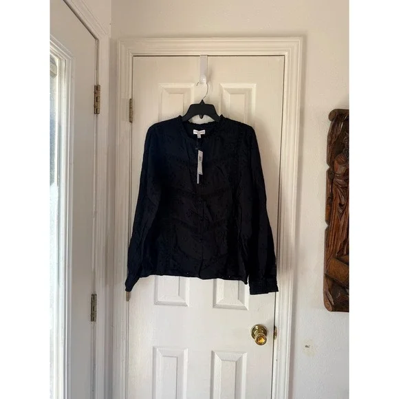 KOKO + MASON Black Eyelet Embroidered Button Front Long Sleeve Shirt XL - Picture 2 of 3